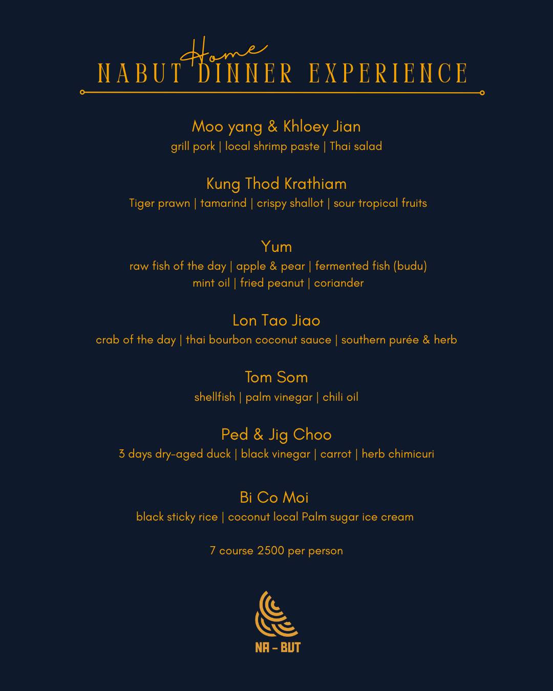 Nabut Dinner Experience menu card — seven Southern Thai courses
