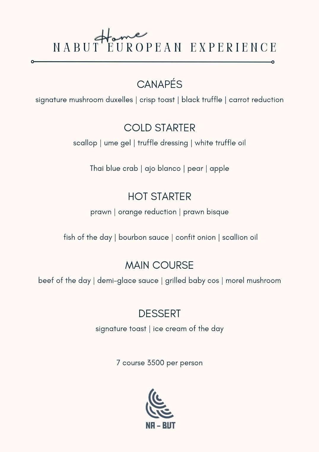 Signature Nabut European Experience menu card — seven European courses