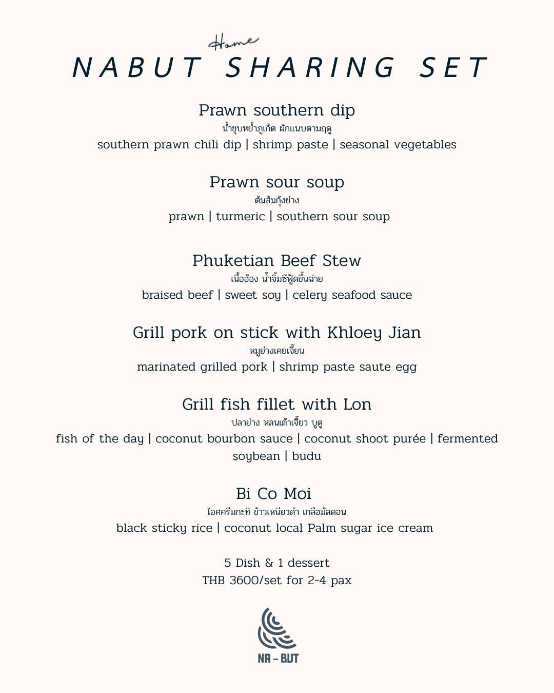 Nabut Sharing Set menu card — five dishes and dessert to share