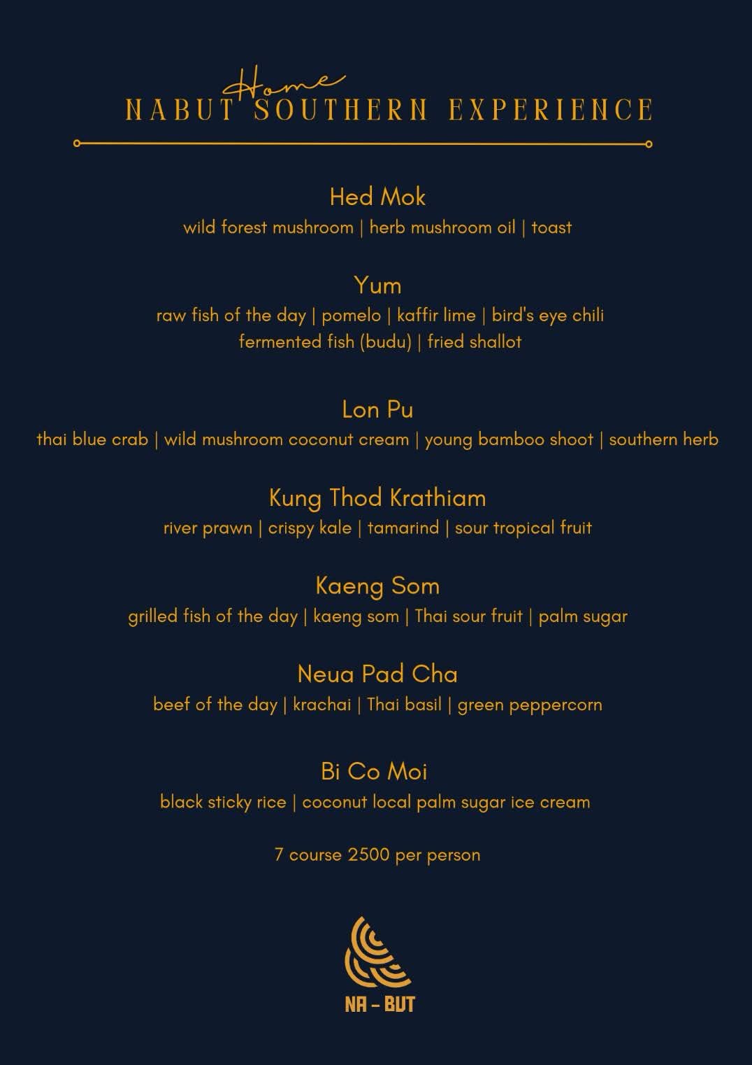 Nabut Southern Experience menu card — seven Southern Thai courses